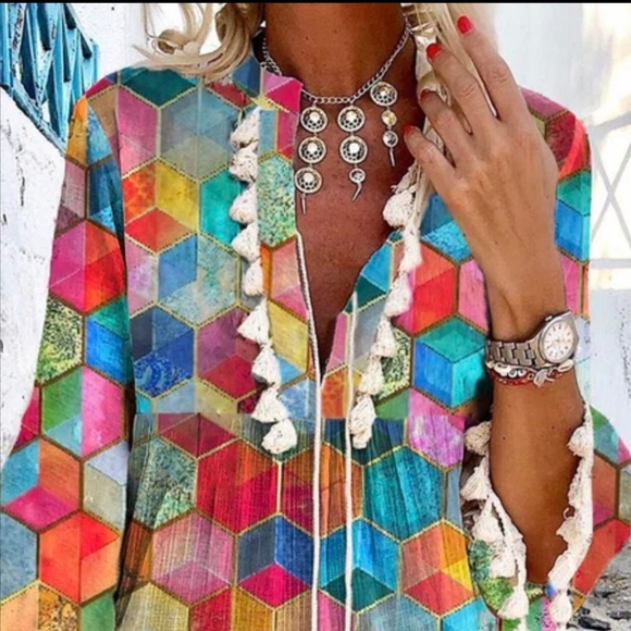 Tassel Geometric V Neck 3/4 Sleeve Plus Size Casual Dresses - Picture 1 of 3